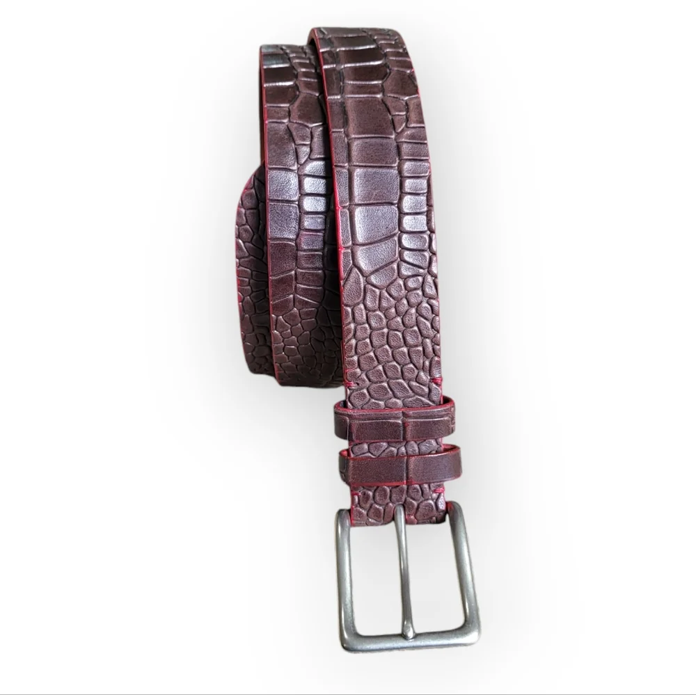TORINO Italian Embossed Calf Leather Belt Brown with Red Trim Size 34